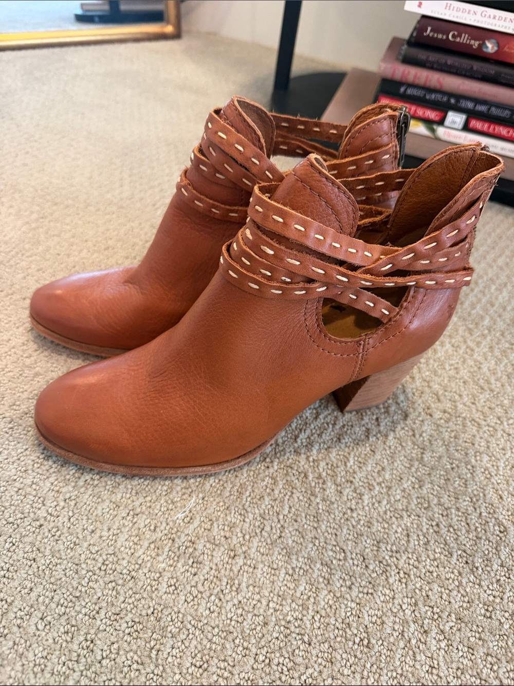 Frye Cognac Leather Ankle Booties with Wrapped Stitch Strap